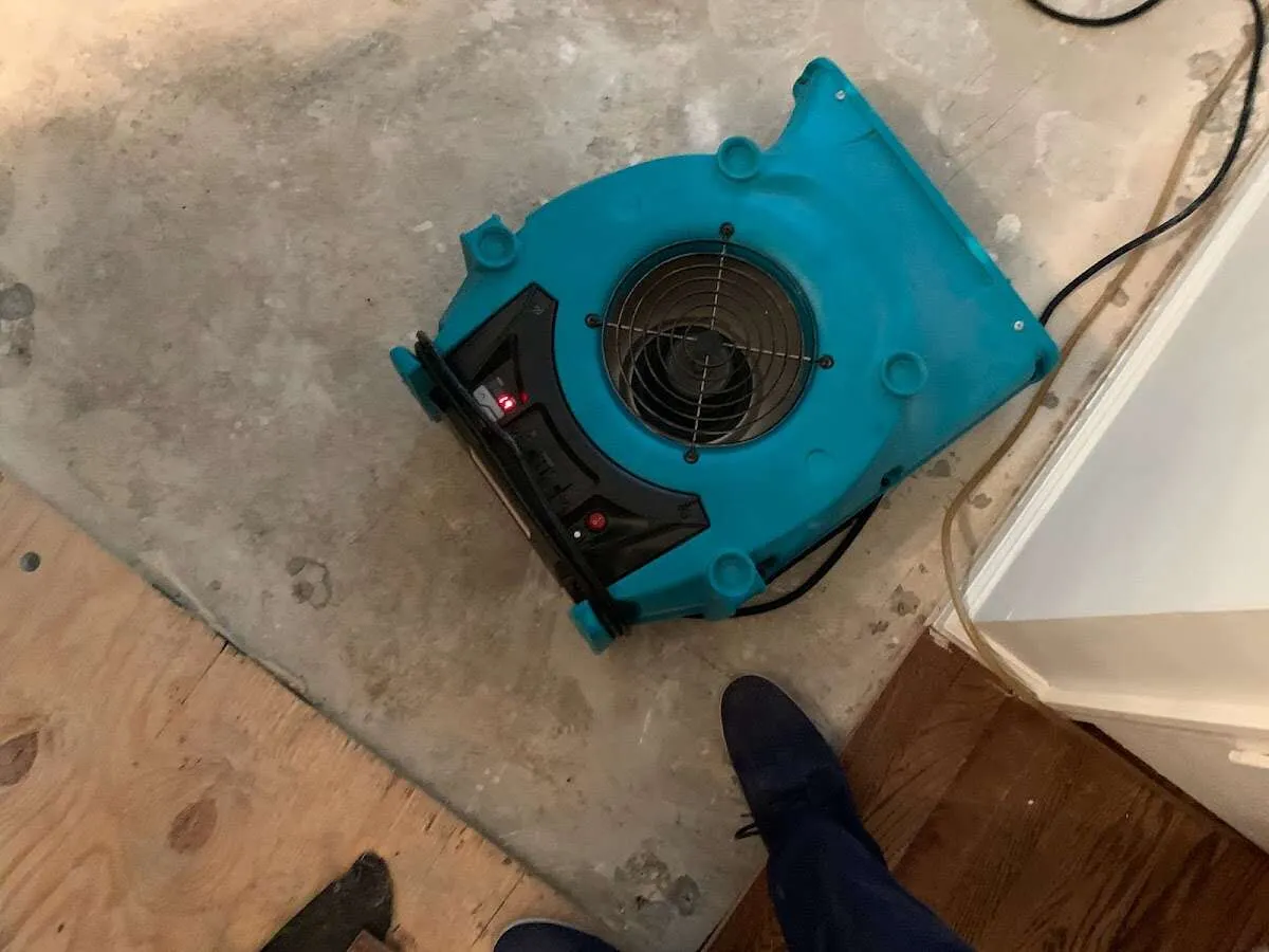 Air mover drying subfloor during Leak Detection & Repair in Pontotoc